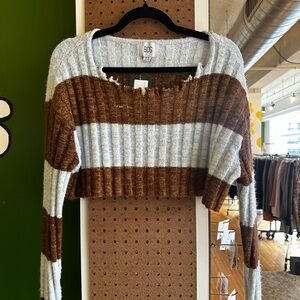 BDG Cropped Brown and Gray Striped Sweater